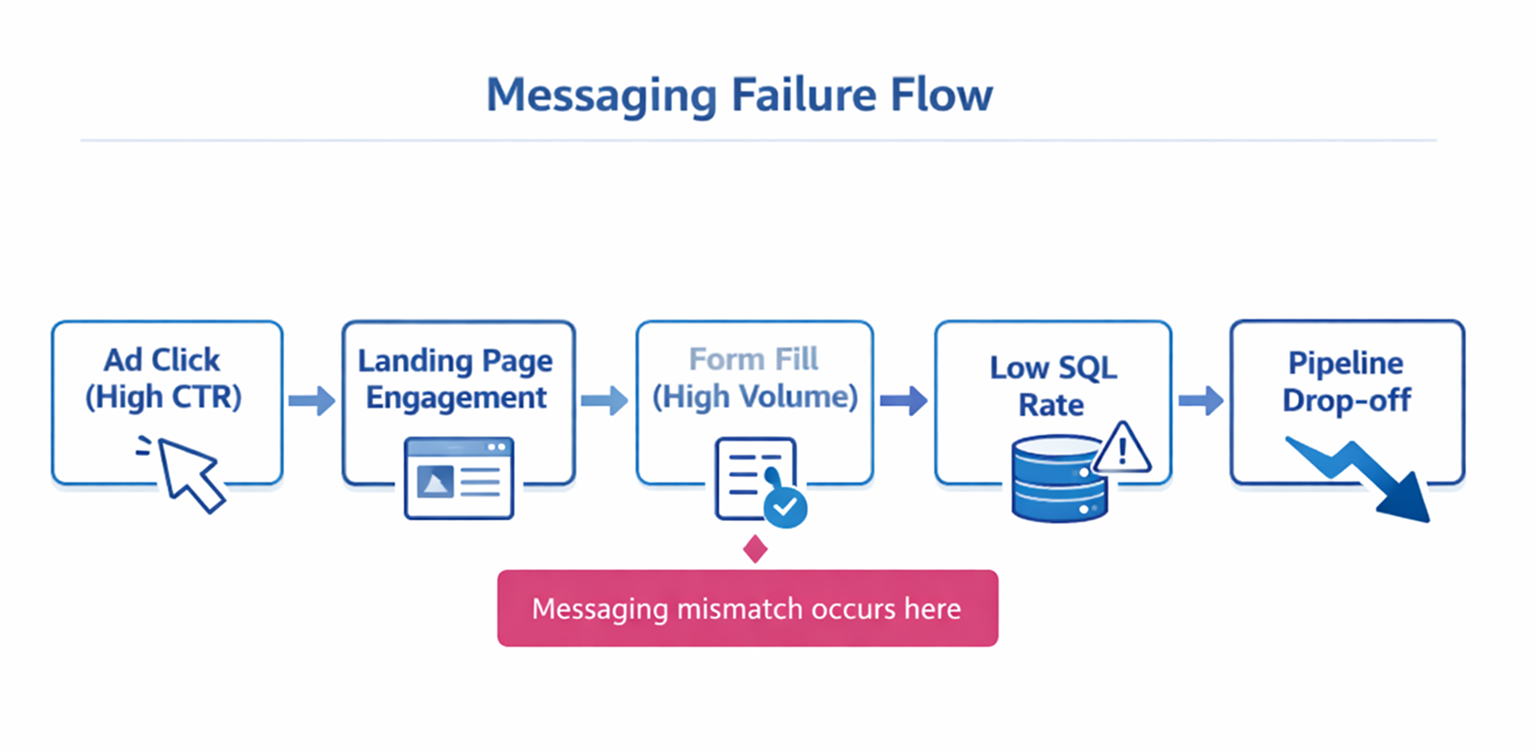 Flow diagram showing how high CTR and form volume lead to low SQL rate due to messaging mismatch