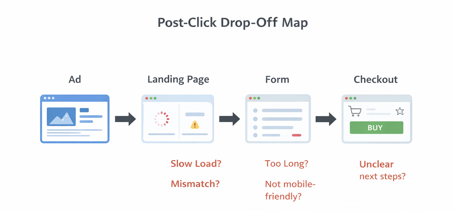 Flowchart showing the user journey from ad to purchase with icons for landing page, form, and checkout, highlighting common drop-off issues like slow load times, message mismatch, and unclear steps.