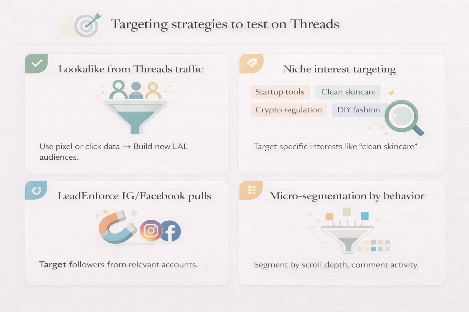 Infographic showing four targeting strategies for Threads ads, including lookalikes, niche interests, LeadEnforce imports, and behavior segmentation.