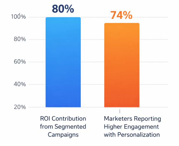 Bar chart showing 80% of marketing ROI from segmented campaigns and 74% of marketers reporting higher engagement with personalized targeting