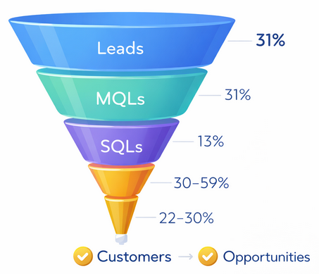 B2B sales funnel chart showing conversion stages from leads to customers with typical benchmark percentages for MQL, SQL, opportunities, and closed deals