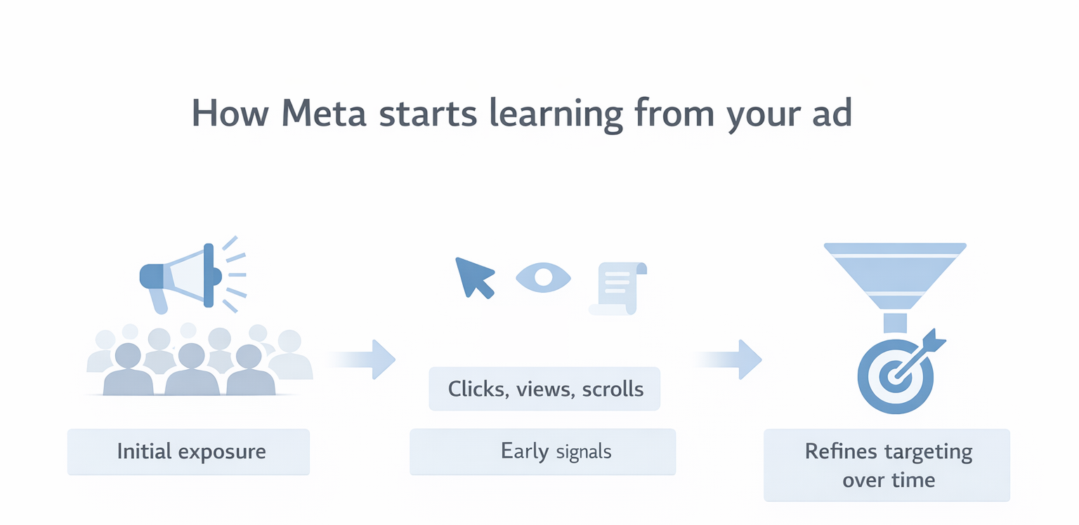 Simple infographic showing how Meta learns from ads using early signals like clicks, views, and scrolls.