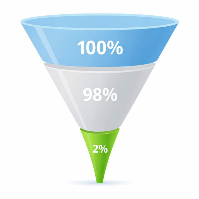 Funnel visualization showing 100% website visitors with only 2% converting on first visit and 98% remaining non-converting