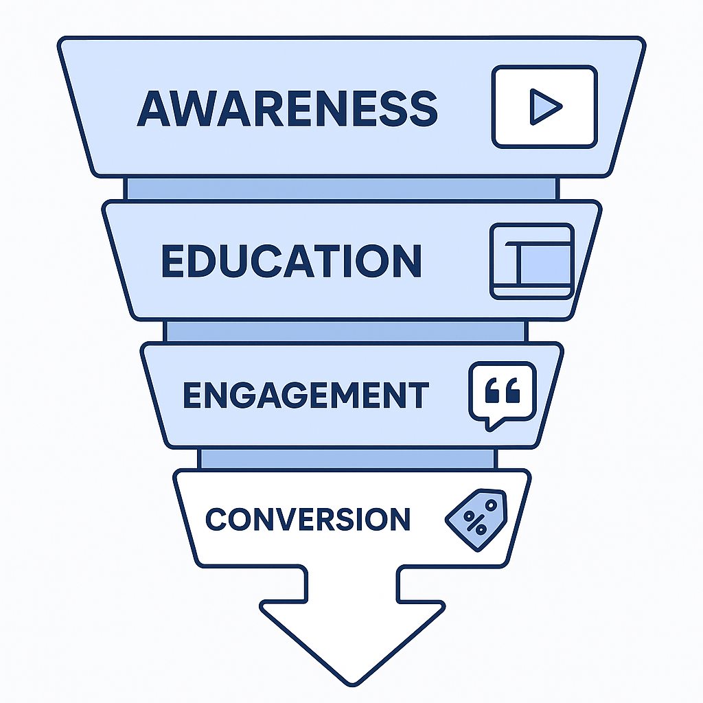 Marketing funnel illustration with four labeled stages — Awareness, Education, Engagement, and Conversion — each paired with a matching icon, in a clean, professional style.