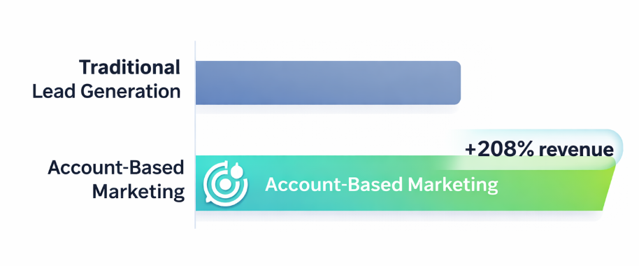 Horizontal bar chart showing account-based marketing generating 208% more revenue than traditional lead generation
