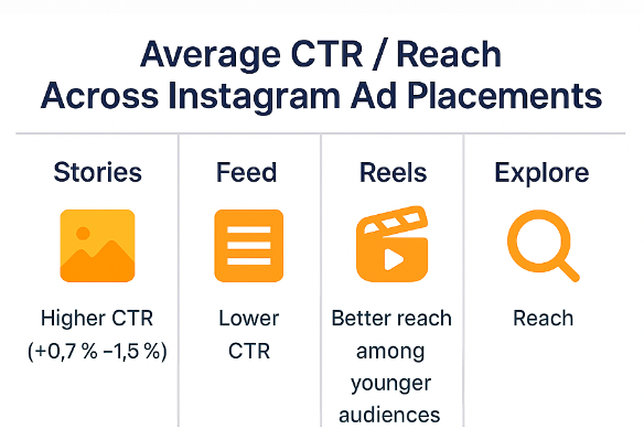 Infographic comparing average CTR / reach across Instagram ad placements: Stories, Feed, Reels, Explore