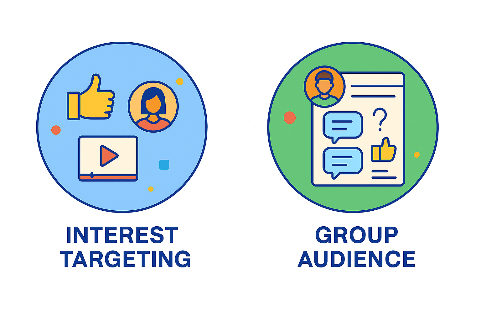 Comparison of interest targeting vs. Facebook group audiences, showing icons for passive engagement and active discussion.