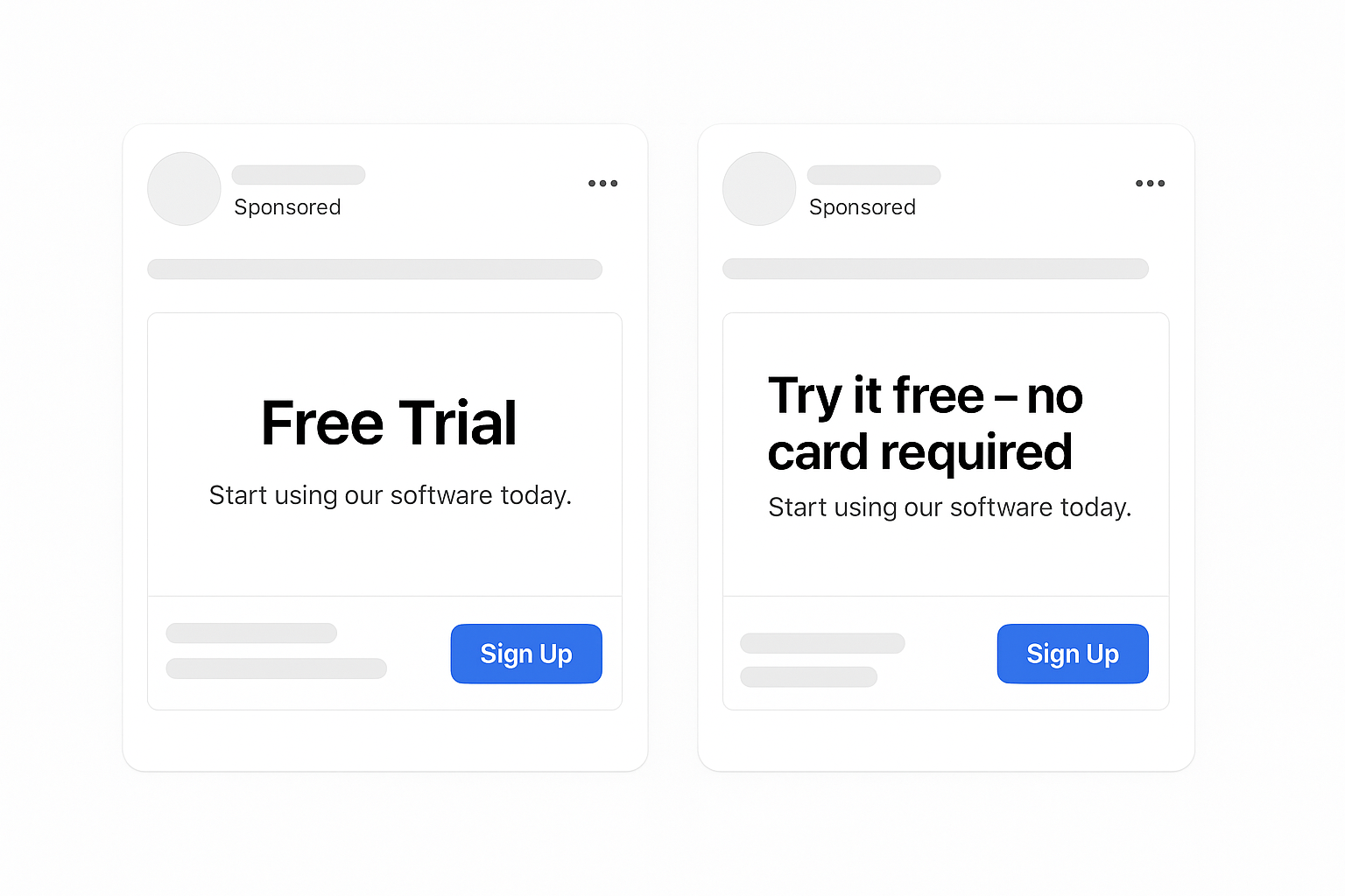 Side-by-side Facebook ad mockups comparing “Free Trial” with “Try it free — no card required”