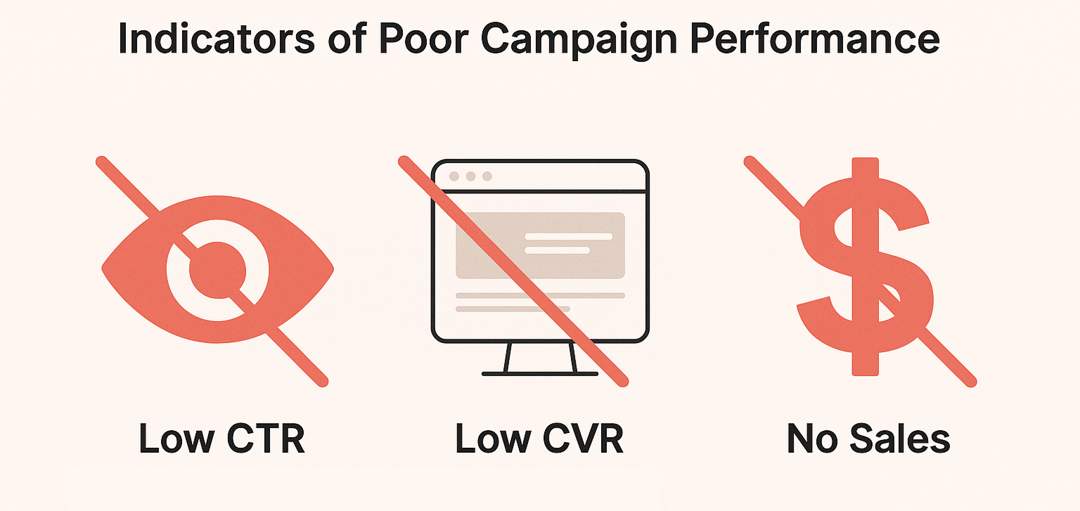 Infographic showing three key indicators of poor campaign performance: low CTR, low CVR, and low revenue.