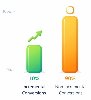 Bar chart comparing incremental conversions at 10 percent versus non-incremental conversions at 90 percent to demonstrate how attribution can overestimate advertising impact.