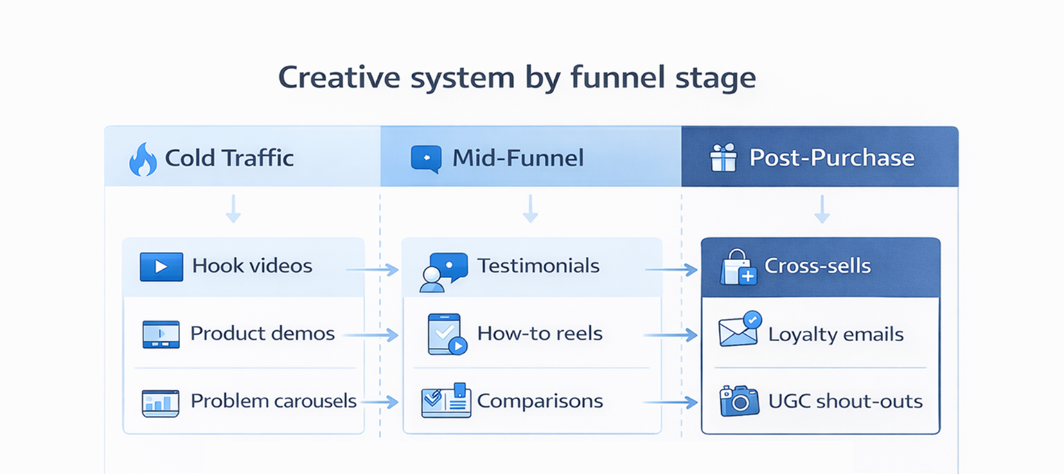 Infographic showing cold traffic, mid-funnel, and post-purchase stages with matching ad formats like hook videos, testimonials, and loyalty emails to support a full-funnel creative strategy.