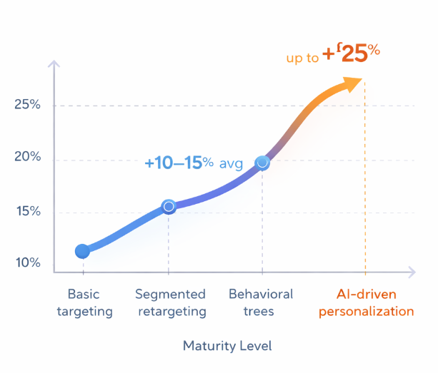 Line chart showing conversion rate increases from basic targeting to AI-driven personalization, ranging from 10 to 25 percent uplift