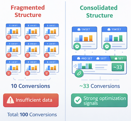 Comparison chart showing fragmented advertising campaign structure with many small ad sets versus consolidated campaign structure with fewer ad sets receiving more conversions