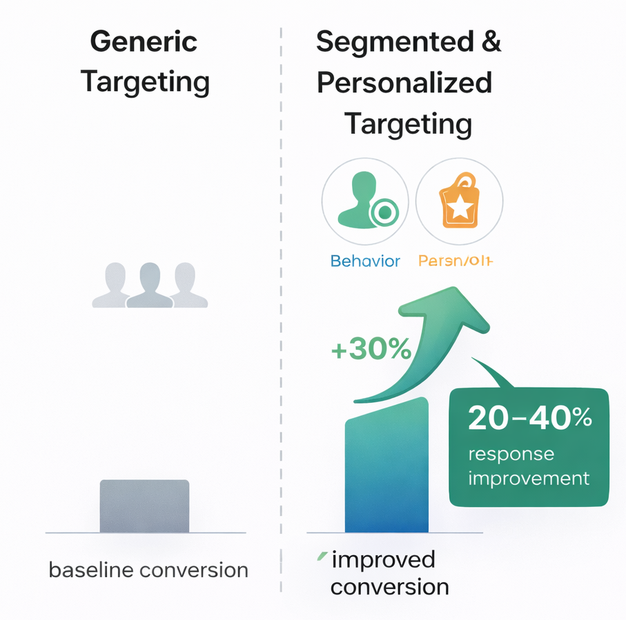 Side-by-side comparison chart showing baseline conversions versus improved results with behavioral segmentation and personalization (up to 30% higher conversions, 20&ndash;40% higher responses).