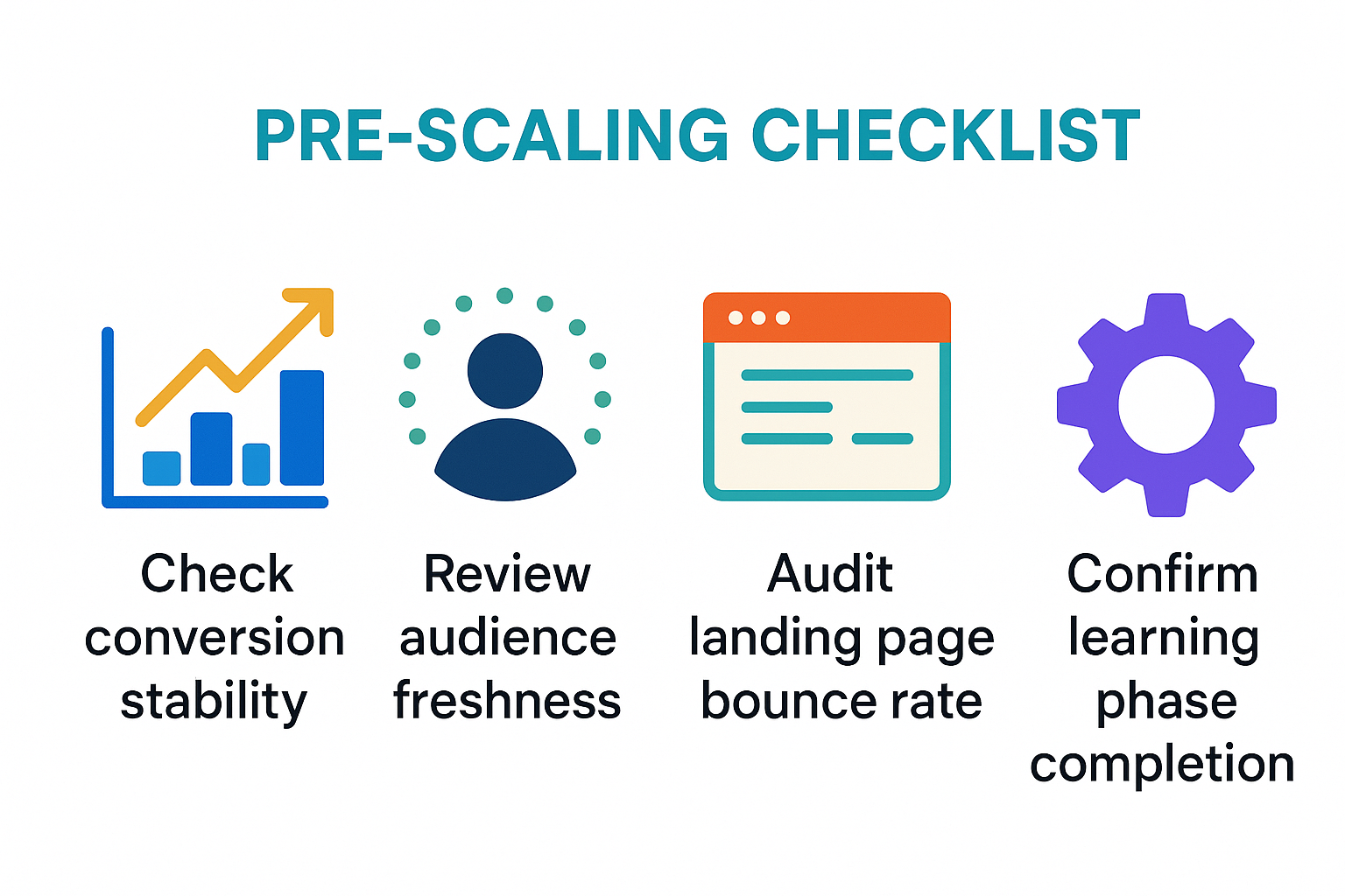 Checklist diagram showing four pre-scaling Facebook ad verification steps