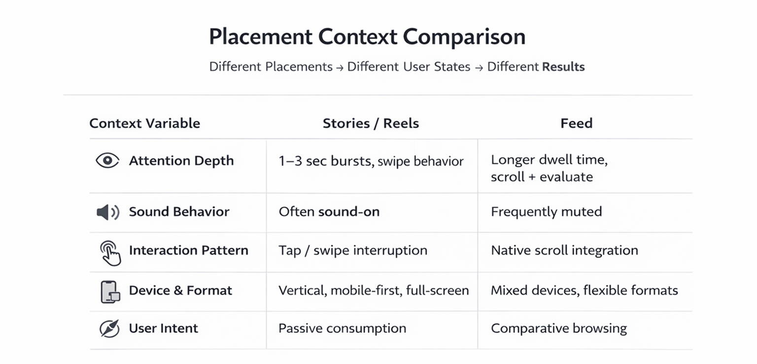 Table comparing Instagram Stories/Reels and Facebook Feed user behavior including attention depth, sound usage, interaction pattern, device format, and intent.
