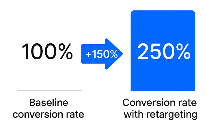 Column chart showing conversion rate rising from 100% to 250% when retargeting is used