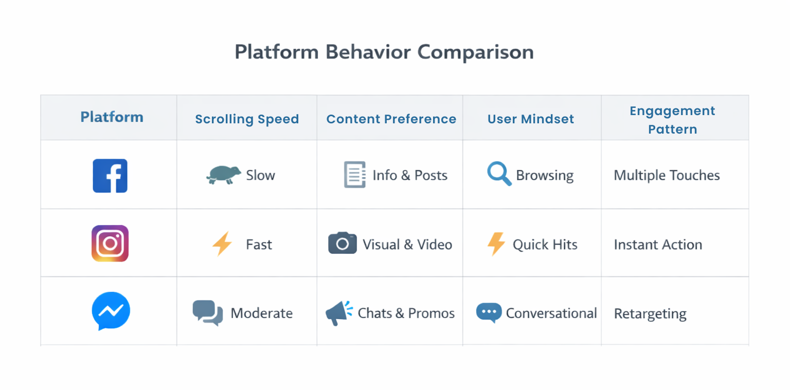 Platform behavior comparison across Facebook, Instagram, and Messenger for ad performance insights