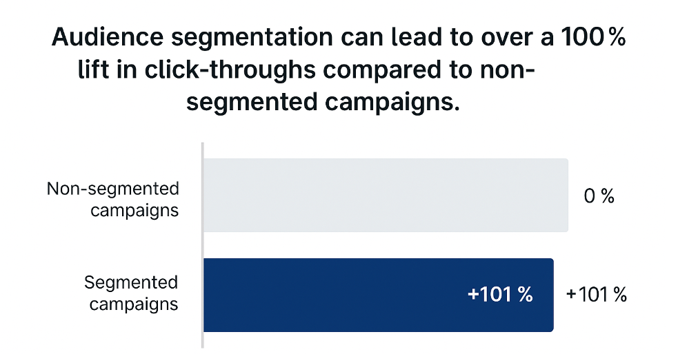 Bar chart showing segmented campaigns achieving approximately 101% higher click-through rate compared to non-segmented campaigns