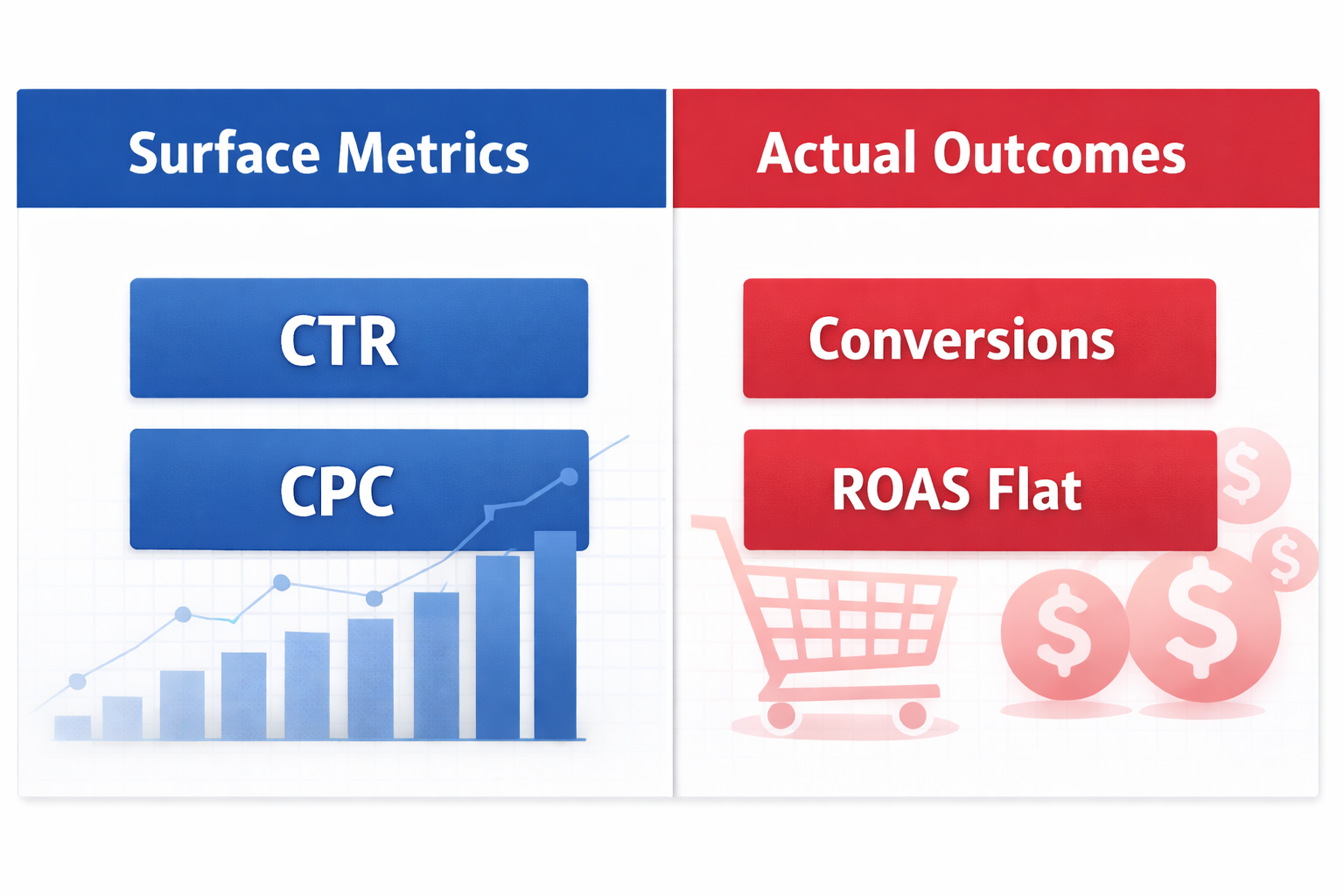 Two-column infographic comparing surface metrics (CTR, CPC) with actual outcomes (Conversions, ROAS Flat) to show performance gaps.