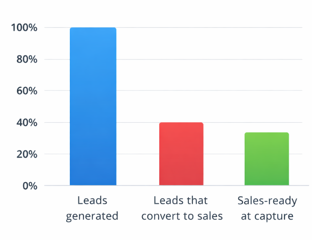 Bar chart comparing total leads generated versus leads that convert to sales, showing that most leads do not become customers