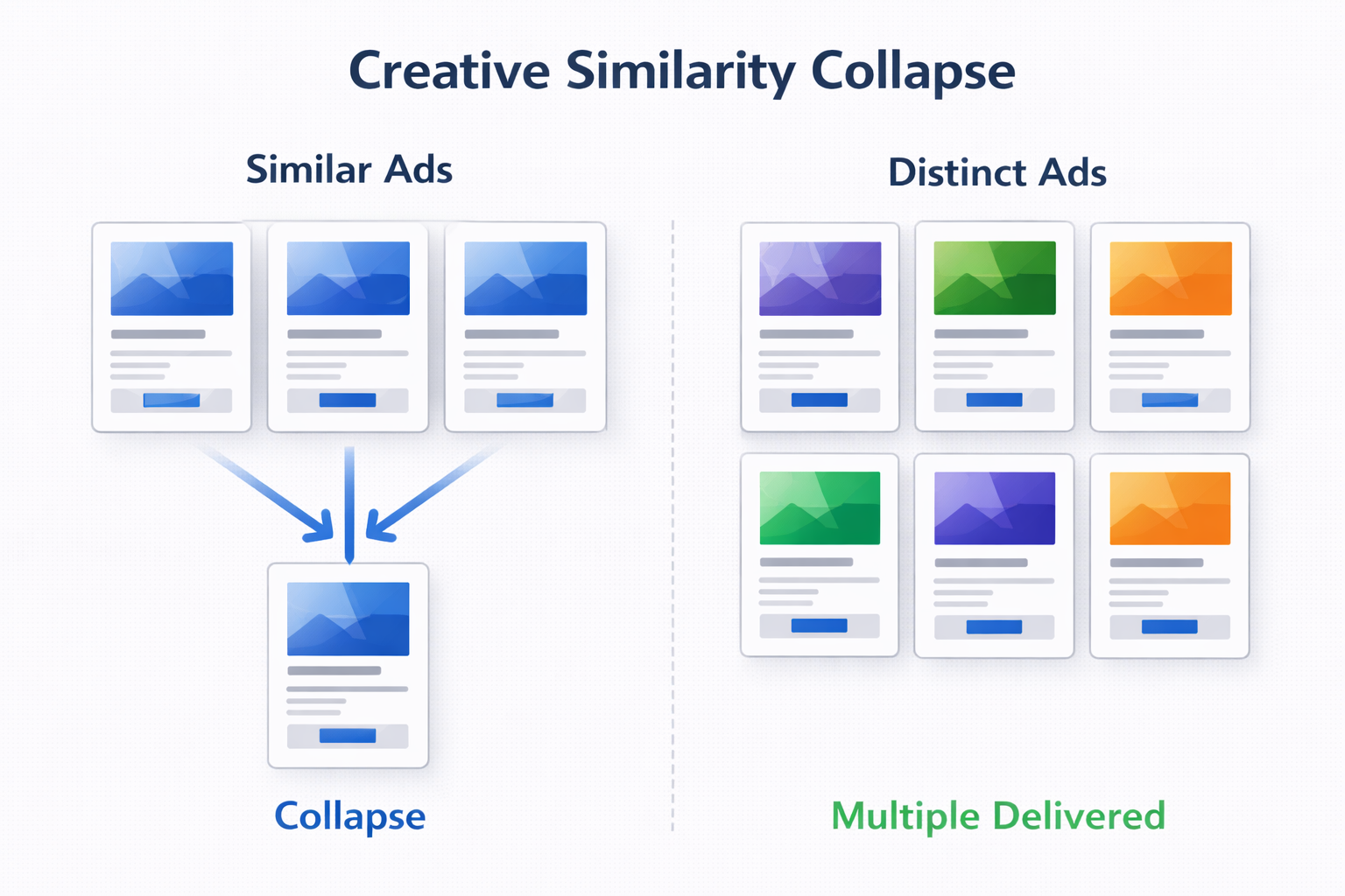 Creative similarity collapse showing identical ads merging into one while distinct ads get separate delivery