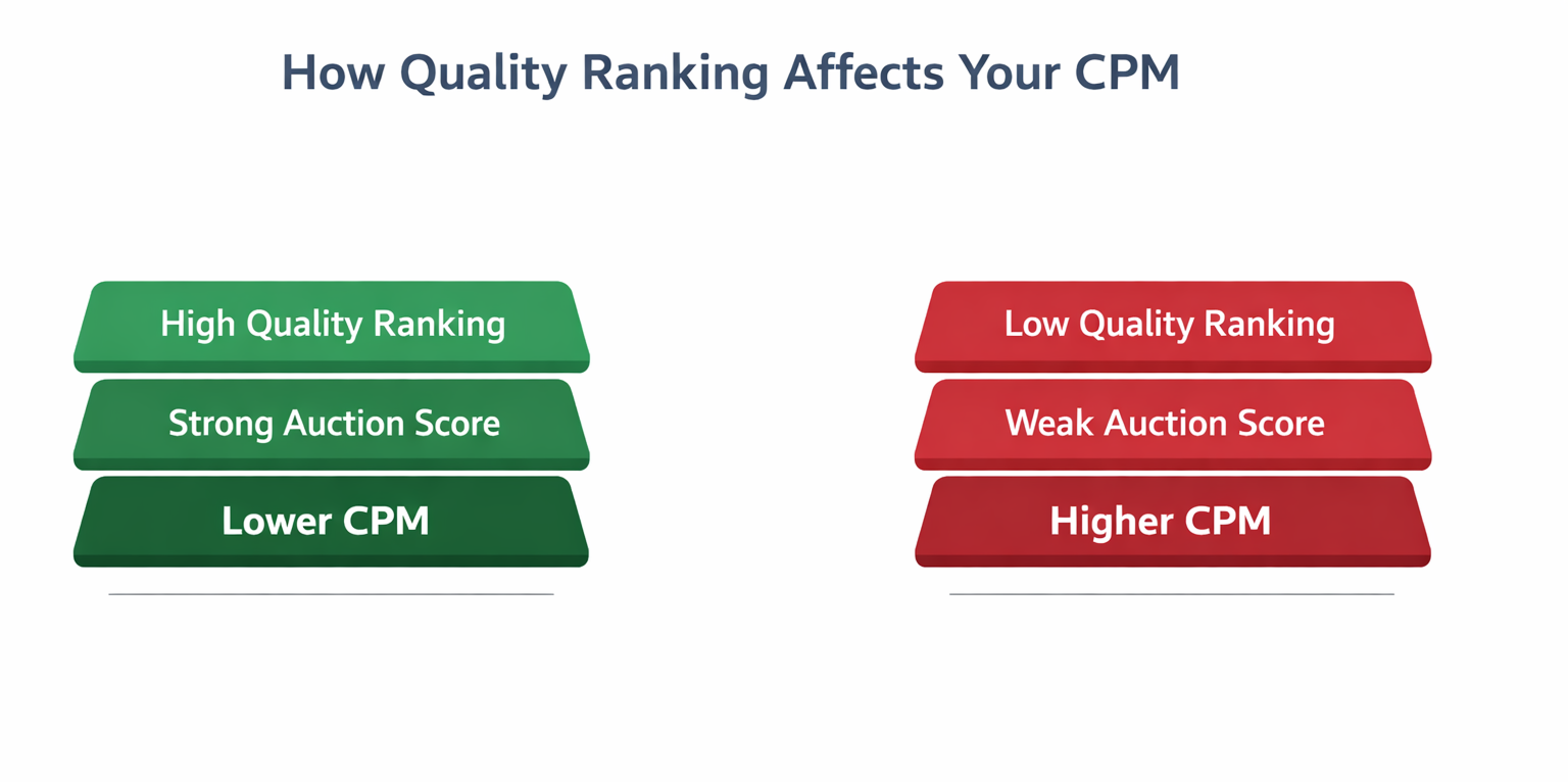 Infographic showing how high or low quality ranking affects Meta ad auction scores and CPM costs