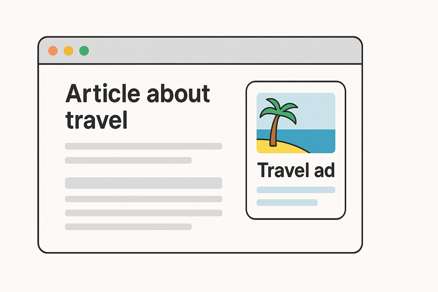 Flat 2D illustration of a browser window showing a travel article with a matching travel ad, symbolizing contextual and privacy-first advertising.