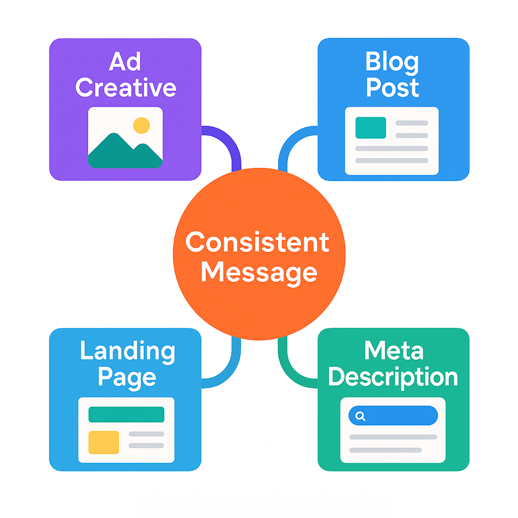 Colorful flowchart showing consistent messaging across ad creative, blog post, landing page, and meta description.
