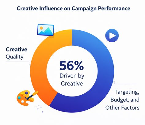 Donut chart showing that creative quality accounts for 56 percent of ad campaign performance while other factors account for 44 percent