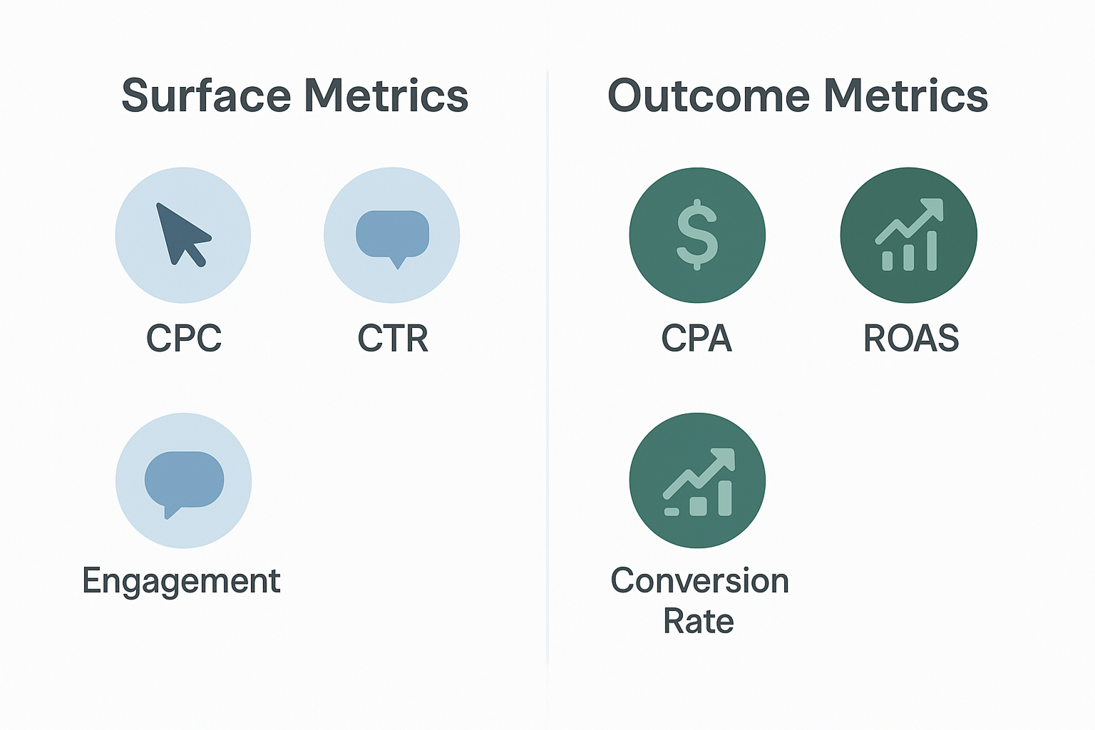 Icon-based infographic distinguishing vanity metrics like CPC from outcome metrics like CPA and ROAS