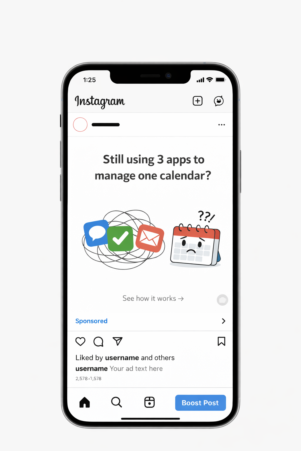 Instagram ad mockup with bold hook about calendar app overload on smartphone screen.