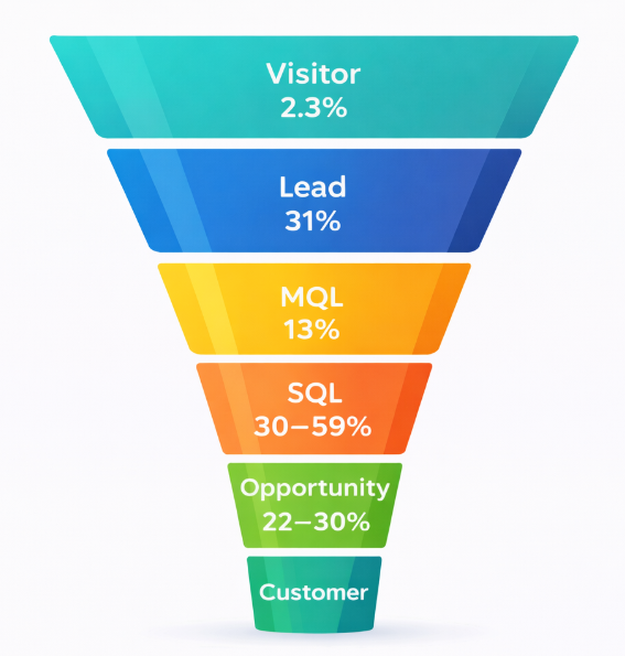 Funnel chart showing average conversion percentages at each stage of a B2B lead generation funnel from visitor to customer