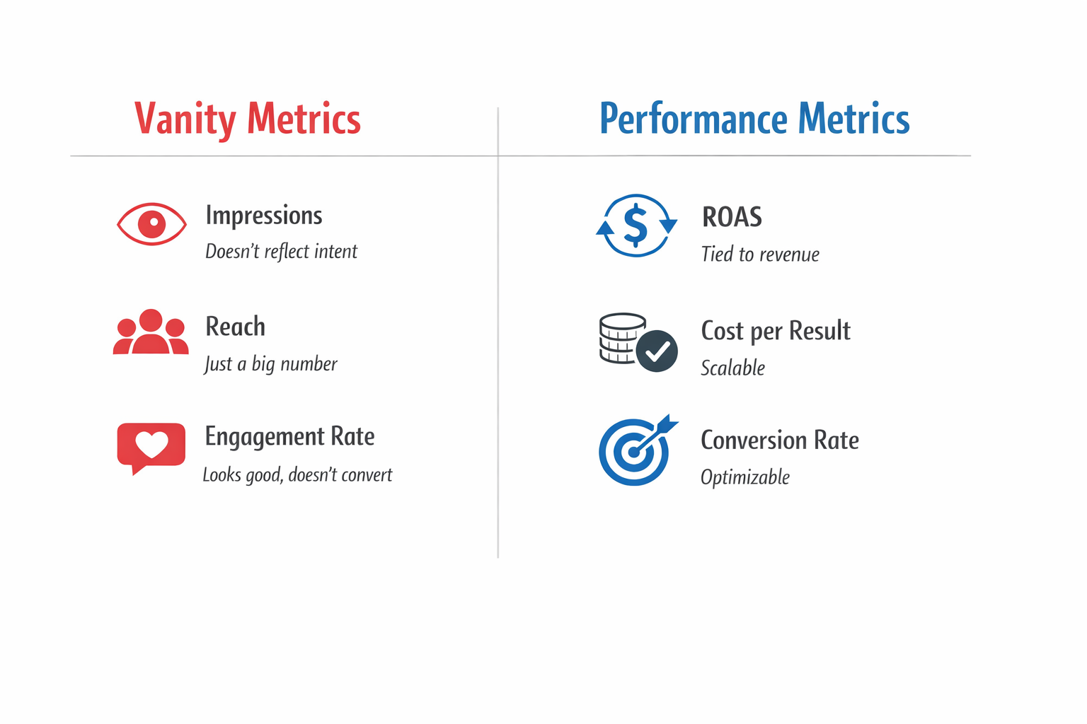 Infographic comparing Vanity Metrics (Impressions, Reach, Engagement Rate) with Performance Metrics (ROAS, Cost per Result, Conversion Rate), highlighting why only performance metrics drive real ad results.