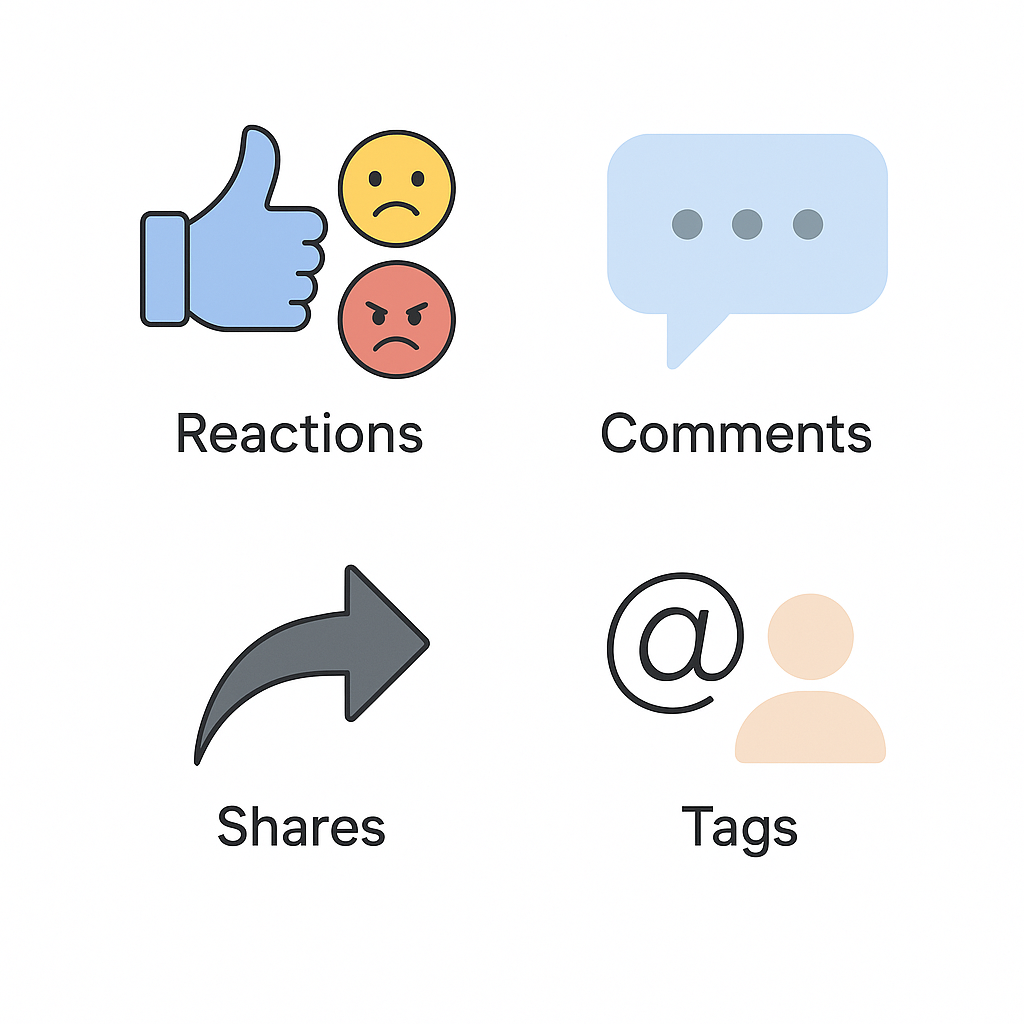 Icons representing four types of social media engagement — reactions, comments, shares, and tags — arranged in a 2x2 grid