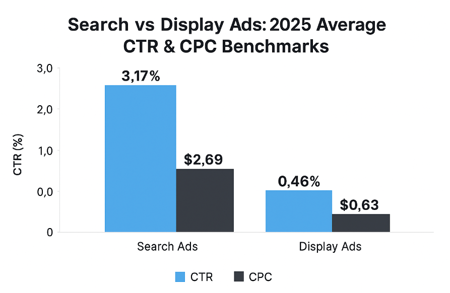Bar chart comparing 2025 average click-through rate (3.17%) and cost per click ($2.69) for Search Ads versus click-through rate (0.46%) and cost per click ($0.63) for Display Ads