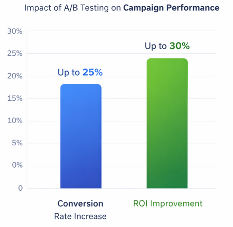 Bar chart showing two bars: one with 25% conversion rate increase and one with 30% ROI improvement from A/B tests