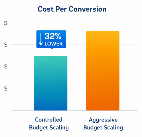 Bar chart comparing cost per conversion with controlled budget scaling (32% lower) versus aggressive budget increases
