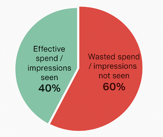 Pie chart showing approximately 60 % of digital marketing spend is wasted or impressions unseen, with 40 % effective