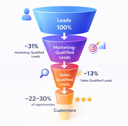 Vertical funnel chart showing typical B2B conversion stages from leads to MQLs, SQLs, and customers, illustrating steep drop-offs between stages