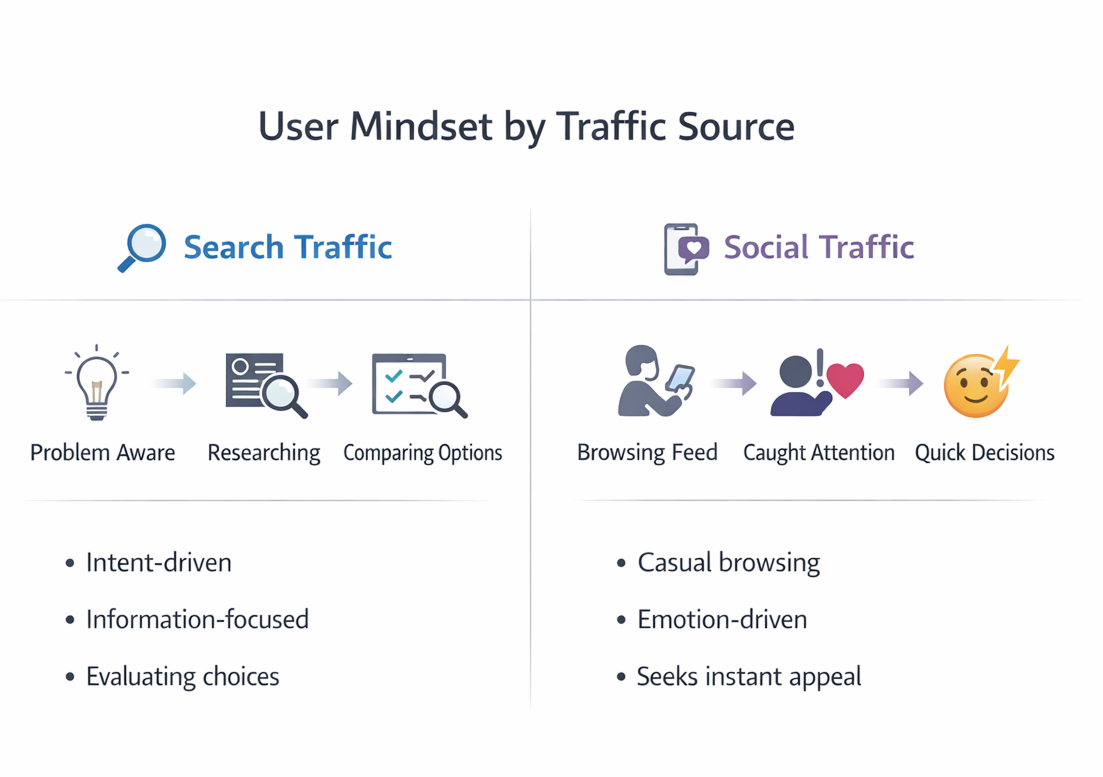 Infographic comparing user behavior from search ads vs social ads, showing intent, mindset, and decision patterns.