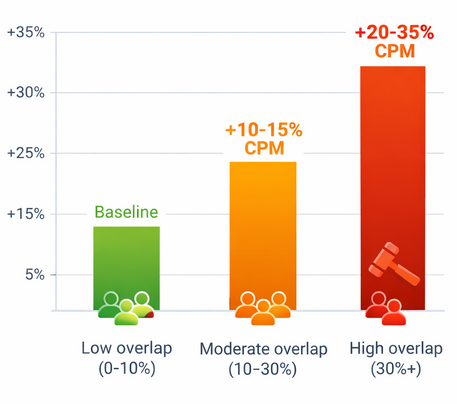 Bar chart showing how increasing audience overlap between campaigns can raise CPM and reduce campaign efficiency