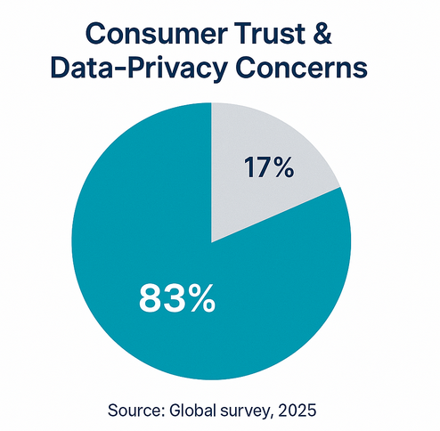 Pie chart showing 83% of consumers concerned about trusting companies with their personal information (teal), and 17% who are not as concerned (grey)