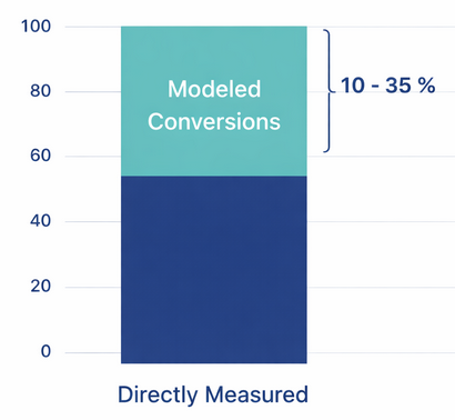 Bar chart comparing directly measured versus modeled conversions in Facebook ads showing modeled conversions can represent 10 to 35 percent of reported results
