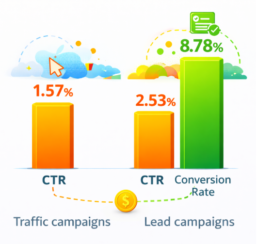 Bar chart comparing average Meta ad CTR for traffic campaigns (1.57%) and lead campaigns (2.53%) with lead campaign conversion rates around 8.78%