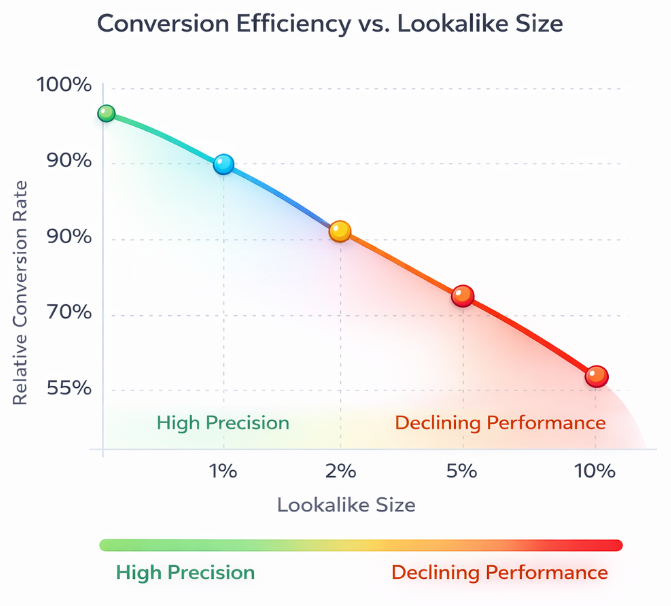 Line chart showing decreasing conversion rates as lookalike audience size increases from 1% to 10%, highlighting reduced targeting precision