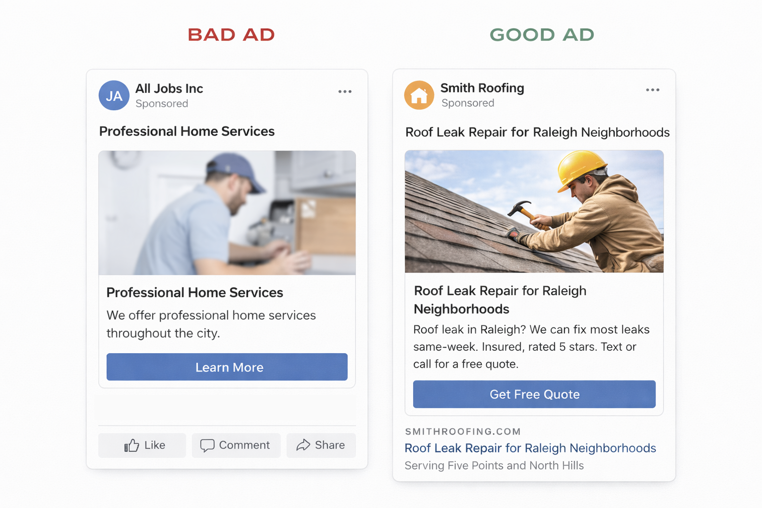 Side-by-side Facebook ad mockup comparing a generic ad vs. a locally targeted ad for better engagement.