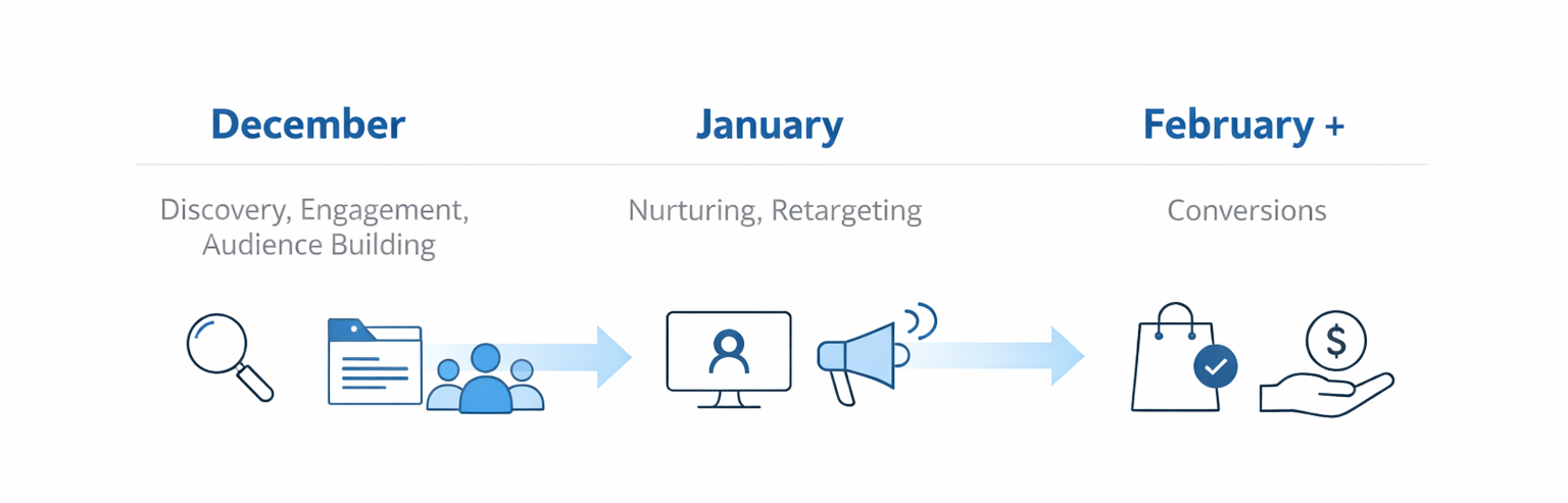 Minimalist buyer journey timeline showing December as Discovery and Engagement, January as Nurturing, and February+ as Conversions.