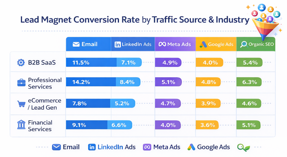 Table showing conversion rates to lead magnet opt-ins across industries and traffic sources (Email, LinkedIn, Meta Ads, Google Ads, SEO) with Email consistently highest