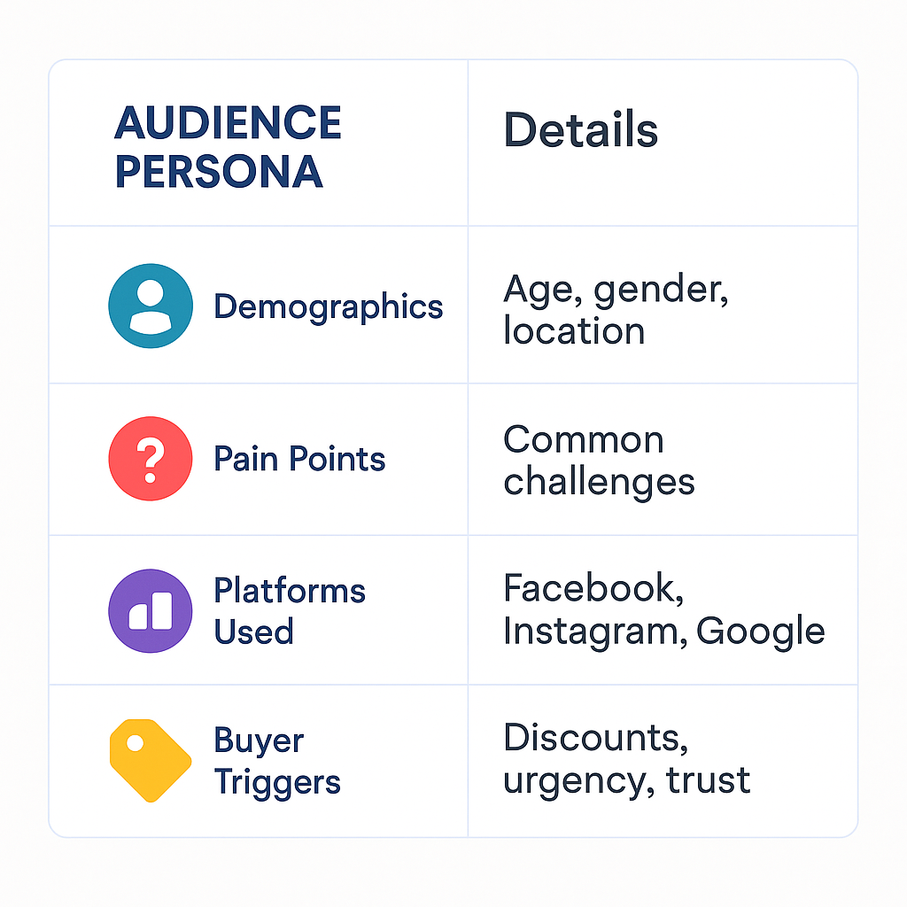 Two-column table showing an audience persona with attributes like demographics, pain points, platforms used, and buyer triggers.